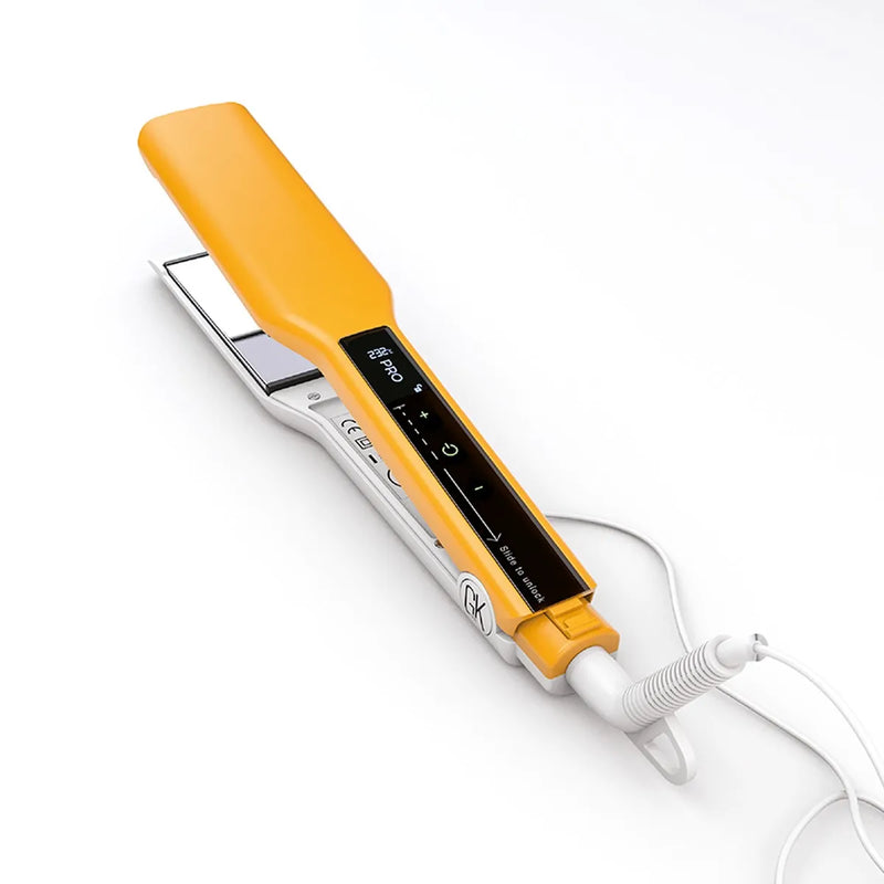 Easy Control Titanium Flat Iron in yellow and white, lit display reading 232°C PRO, touch controls and a white coiled cord