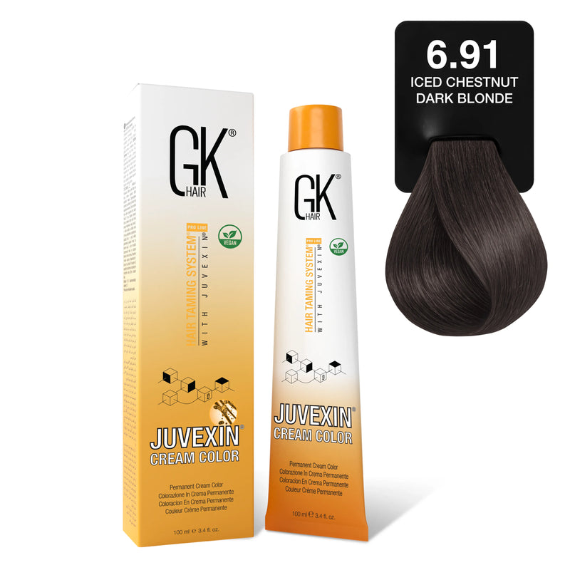 GK Hair Juvexin Cream Color 100 ml box and tube beside the 6.91 Iced Chestnut Dark Blonde card, dark cool brown swatch