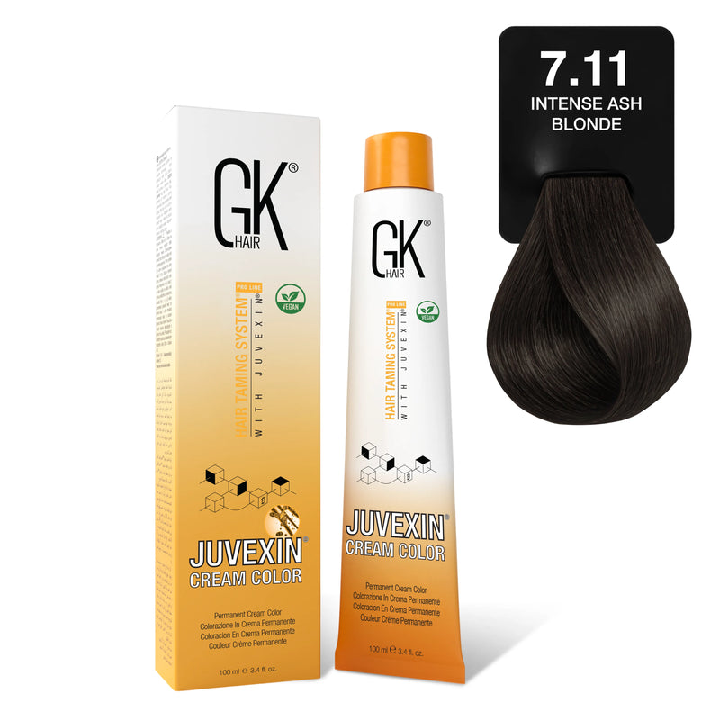 GK Hair Juvexin Cream Color Intense Ash 100 ml box and tube, 7.11 Intense Ash Blonde card, very dark cool brown swatch