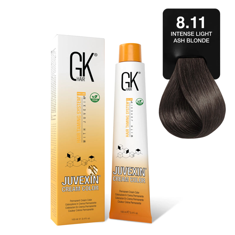 GK Hair Juvexin Cream Color Intense Ash 100 ml box and tube, 8.11 Intense Light Ash Blonde card, dark cool brown swatch