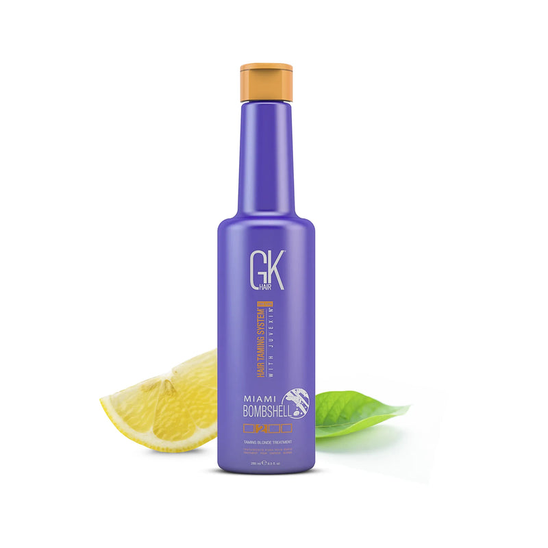 GK Hair Miami Bombshell Taming Blonde Treatment 280 ml purple bottle, gold cap, step 2 marked, lemon slice and leaf behind