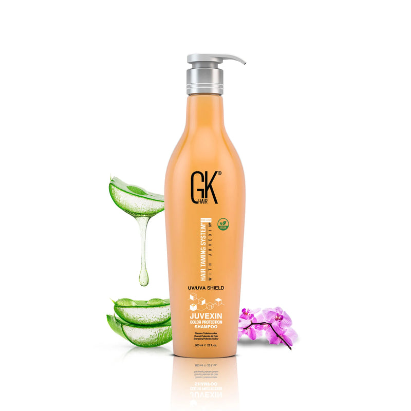 Shield Shampoo & Conditioner: the 650 ml orange Juvexin Color Protection Shampoo pump bottle alone with aloe vera slices