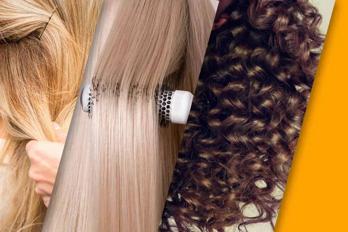 A collage showcasing three hair types: straight, sleek blonde, wavy brown curls, and a hand styling layered hair.