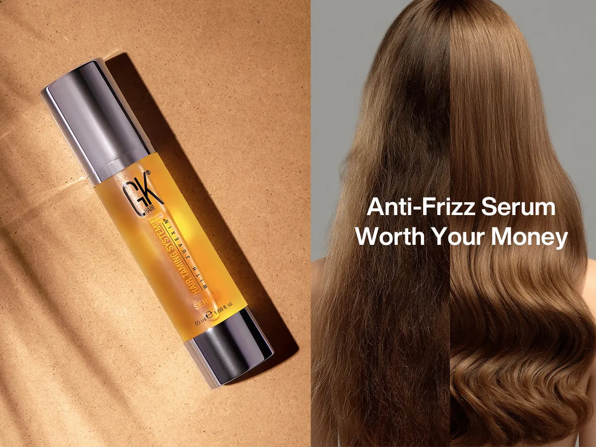 A bottle of GK Hair anti-frizz serum on the left, with smooth brown hair and frizzy hair comparison on the right, and "Anti-Frizz Serum Worth Your Money" text.