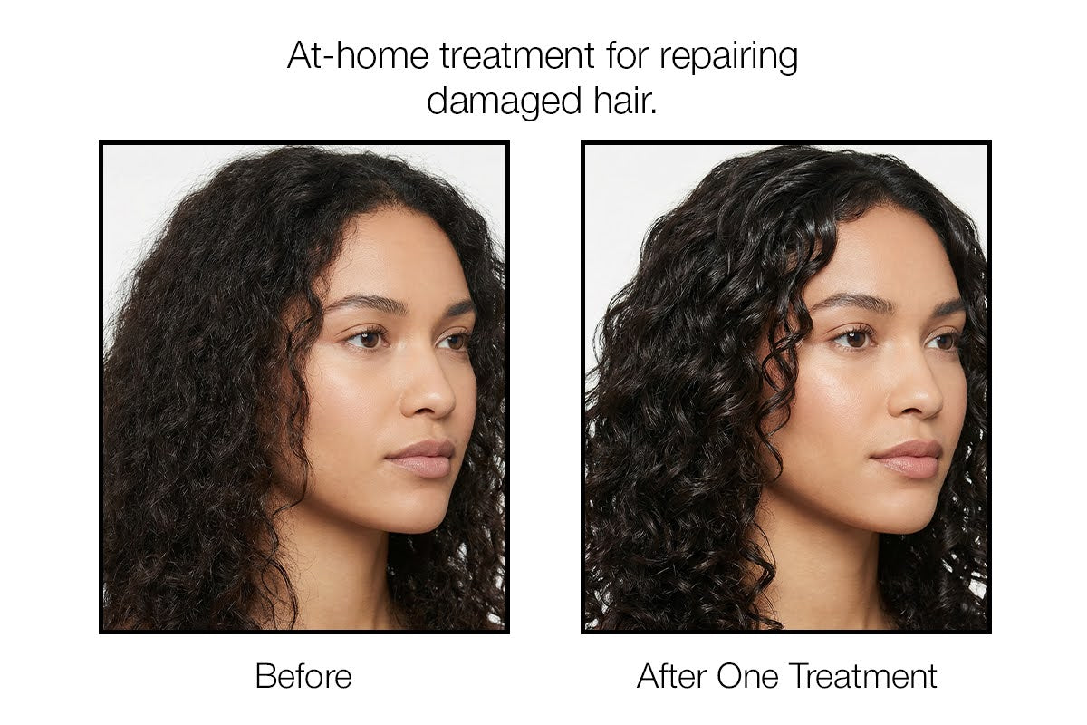 Side-by-side comparison of hair before and after an at-home treatment for repairing damaged hair, showing improved texture and health.