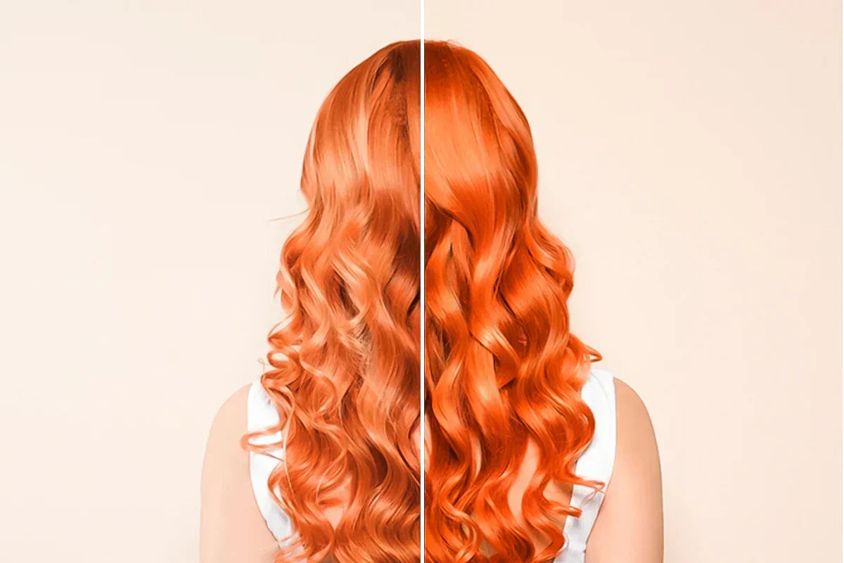 A woman with vibrant, wavy copper red hair is shown from the back, divided into two sections, against a neutral background.