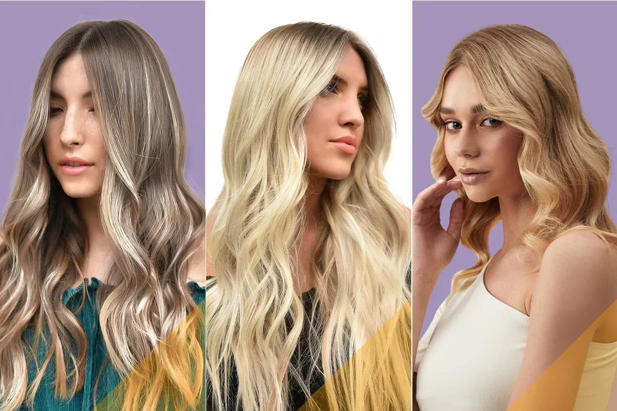 Three women with long, wavy hair of varying shades, displayed against a soft purple background.