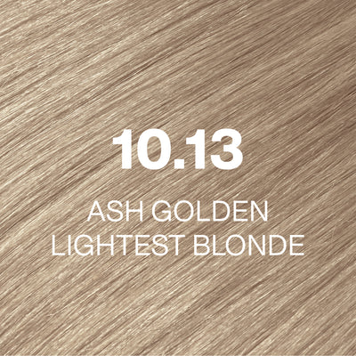 Silky hair texture showcasing the GK Hair's Juxevin Cream Color "10.13 Ash Golden Lightest Blonde" in bold white text.