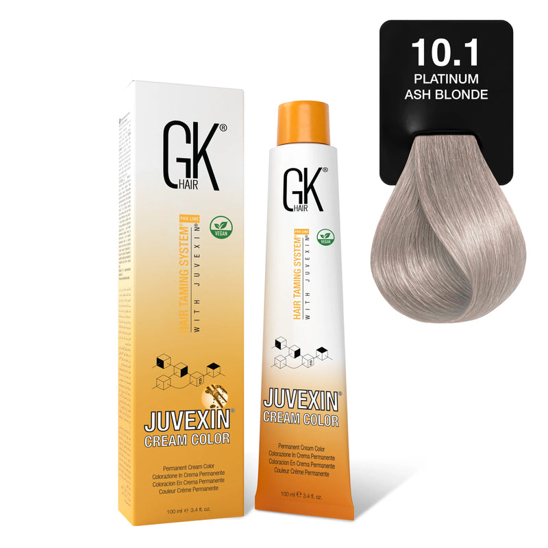GK Hair Juvexin Cream Color 100 ml carton and tube beside a black card printing 10.1 Platinum Ash Blonde above a pale silver swatch