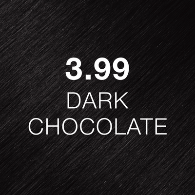 Silky hair texture showcasing the GK Hair's Juxevin Cream Color "3.99 Dark Chocolate" in bold white text.