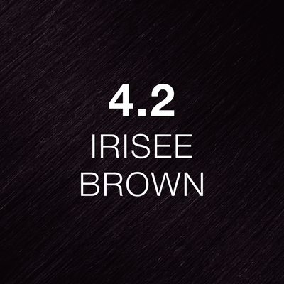 Silky hair texture showcasing the GK Hair's Juxevin Cream Color "4.2 Irisee Brown" in bold white text.