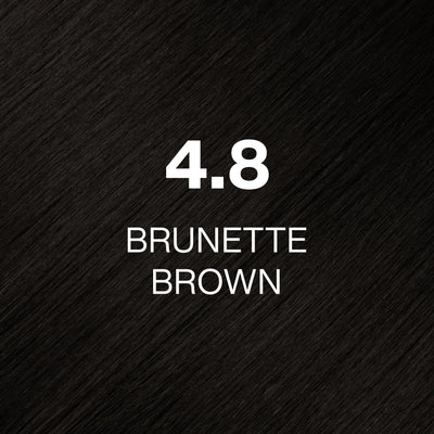 Silky hair texture showcasing the GK Hair's Juxevin Cream Color "4.8 Brunette Brown" in bold white text.