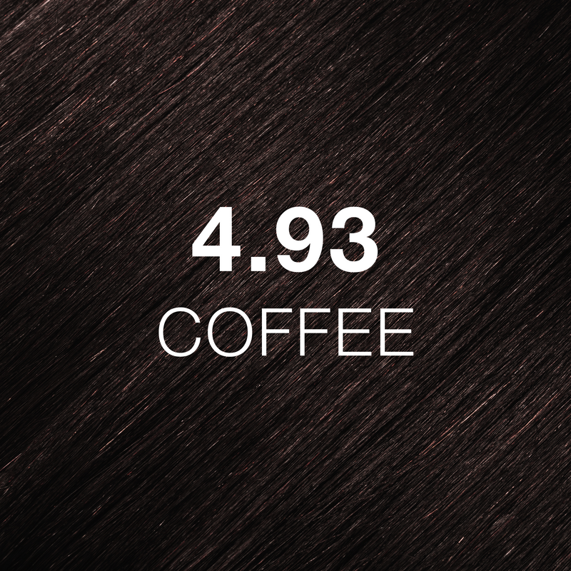 GK Hair Juvexin Cream Color 4.93 Coffee hair color swatch, dark coffee-brown hair texture with the name in white