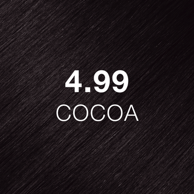 Silky hair texture showcasing the GK Hair's Juxevin Cream Color "4.99 Cocoa" in bold white text.