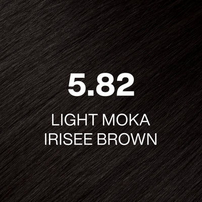 Silky hair texture showcasing the GK Hair's Juxevin Cream Color "5.82 Light Moka Irisee Brown" in bold white text.