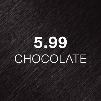 Silky hair texture showcasing the GK Hair's Juxevin Cream Color "5.99 Chocolate" in bold white text.