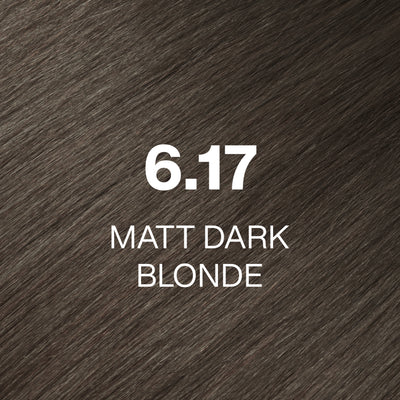 Silky hair texture showcasing the GK Hair's Juxevin Cream Color "6.17 Matt Dark Blonde" in bold white text.