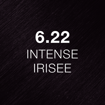 Silky hair texture showcasing the GK Hair's Juxevin Cream Color "6.22 Intense Irisee" in bold white text.