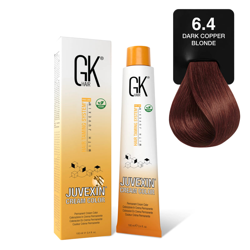 GK Hair Juvexin Cream Color Coppers 6.4 Dark Copper Blonde carton and 100 ml tube beside a warm red-brown swatch card