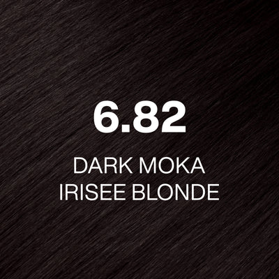 Silky hair texture showcasing the GK Hair's Juxevin Cream Color "6.82 Dark Moka Irisee Blonde" in bold white text.