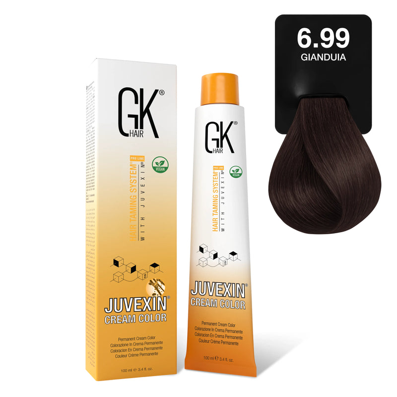 Juvexin Cream Color Chocolate 6.99 Gianduia: 100 ml carton and tube beside a deep warm chestnut-brown hair swatch card