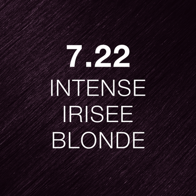 Silky hair texture showcasing the GK Hair's Juxevin Cream Color "7.22 Intense Irisee Blonde" in bold white text.
