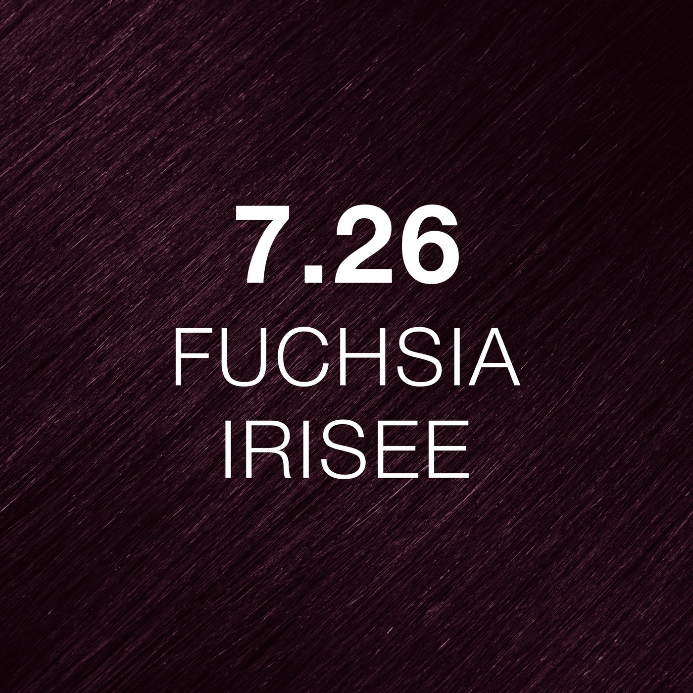 Silky hair texture showcasing the GK Hair's Juxevin Cream Color "7.26 Fuchsia Irisee" in bold white text.