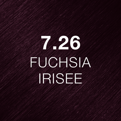 Silky hair texture showcasing the GK Hair's Juxevin Cream Color "7.26 Fuchsia Irisee" in bold white text.