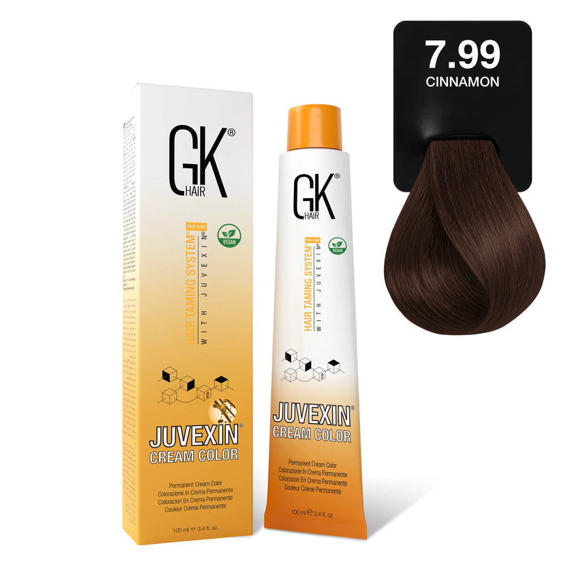 Juvexin Cream Color Chocolate 7.99 Cinnamon: 100 ml carton and orange-capped tube beside a medium warm brown swatch card