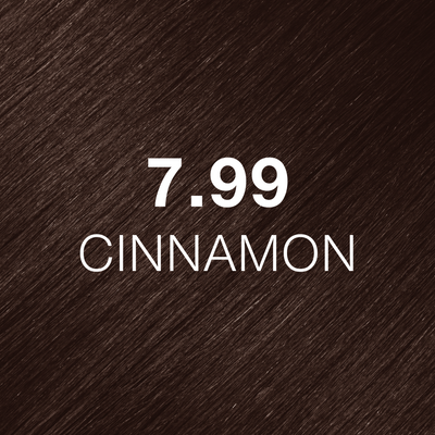 Silky hair texture showcasing the GK Hair's Juxevin Cream Color "7.99 Cinnamon" in bold white text.