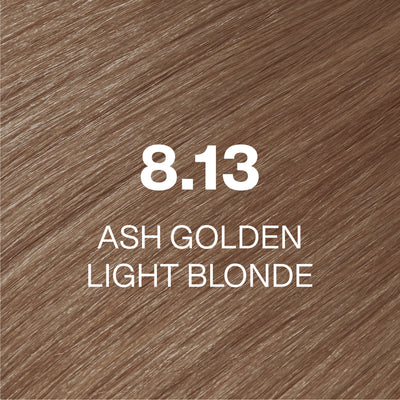 Silky hair texture showcasing the GK Hair's Juxevin Cream Color "8.13 Ash Golden Light Blonde" in bold white text.