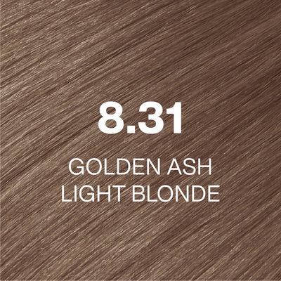 Silky hair texture showcasing the GK Hair's Juxevin Cream Color "8.31 Golden Ash Light Blonde" in bold white text.
