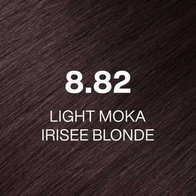 Silky hair texture showcasing the GK Hair's Juxevin Cream Color "8.82 Light Moka Irisee Blonde" in bold white text.
