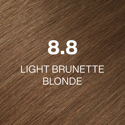 Silky hair texture showcasing the GK Hair's Juxevin Cream Color "8.8 Light Brunette Blonde" in bold white text.