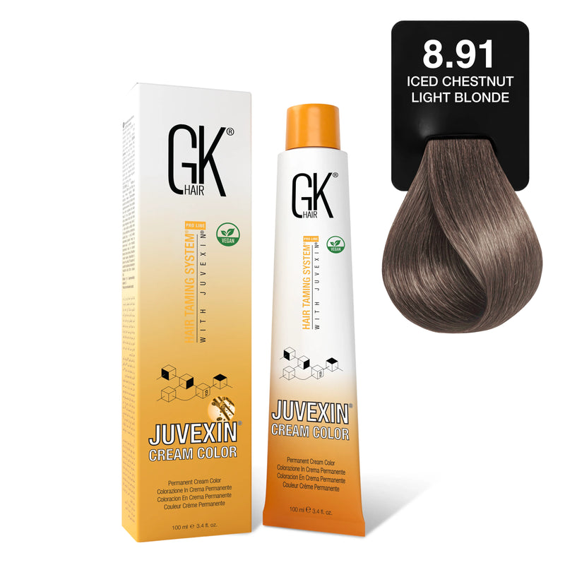 GK Hair Juvexin Cream Color 100 ml box and tube beside the 8.91 Iced Chestnut Light Blonde card, light taupe-brown swatch