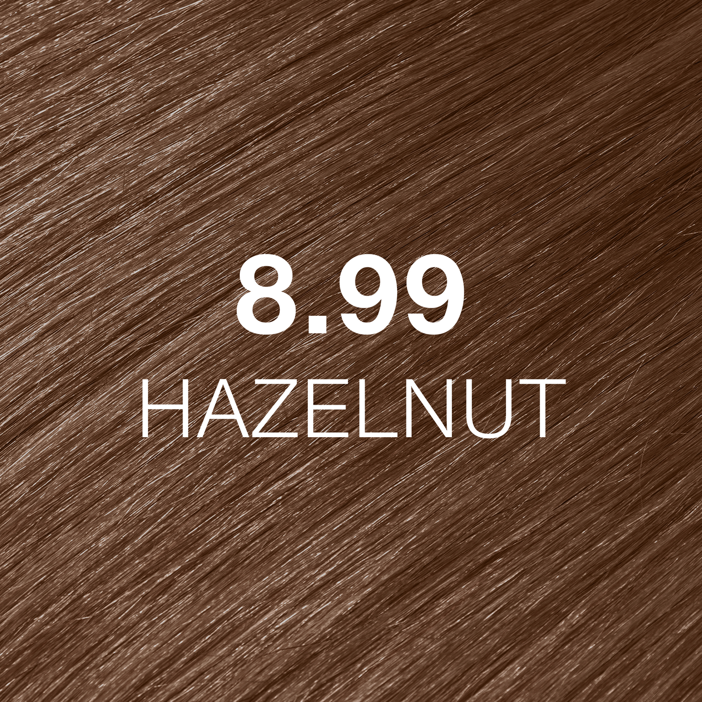 Silky hair texture showcasing the GK Hair's Juxevin Cream Color "8.99 Hazelnut" in bold white text.