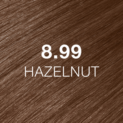 Silky hair texture showcasing the GK Hair's Juxevin Cream Color "8.99 Hazelnut" in bold white text.