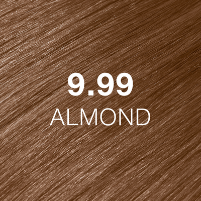 Silky hair texture showcasing the GK Hair's Juxevin Cream Color "9.99 Almond" in bold white text.