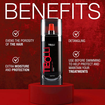 Benefit of Moisture Lust Spray with a Red background