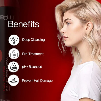 A model shocasing Afther Using TIBOLLI Pre-Treatment Shampoo against a red background, with Benefit ofTibolli
