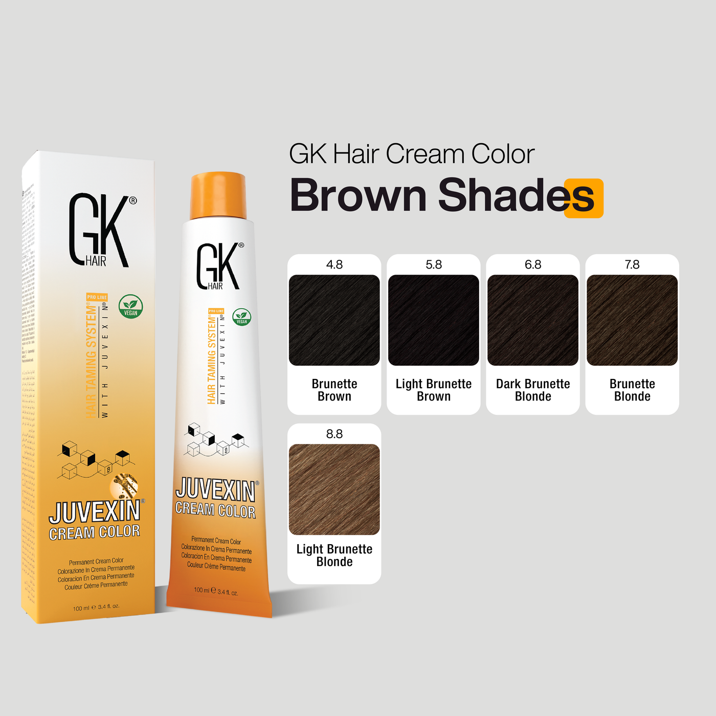 GK Hair Cream Color packaging with Brown Shades on a gray background
