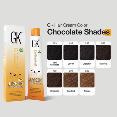 GK Hair Chocolate Shades Cream Color packaging with color swatches on a gray background