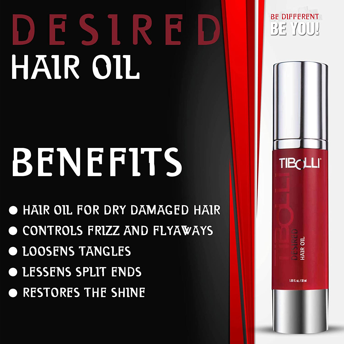 Advertisement for Desired Hair Oil with a sleek red bottle on the right. Benefits listed include restoring shine, controlling frizz, and reducing split ends."