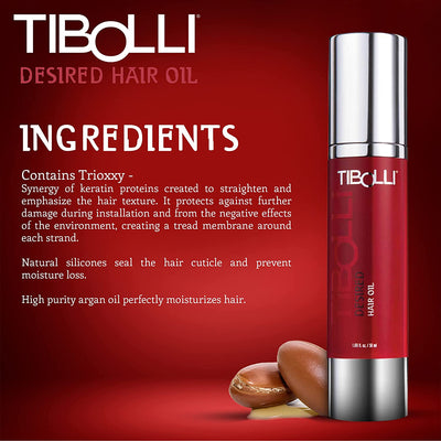 Promogional graphic for TIBOLLI Desired Hair Oil Containing is sleek with silver accents. Text highlights ingredients like Trioxy, natural silicones, and argan oil. 