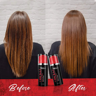 Image comparing hair before and after using Tibolli Moisture Mist, showcasing smoother and shinier hair transformation.