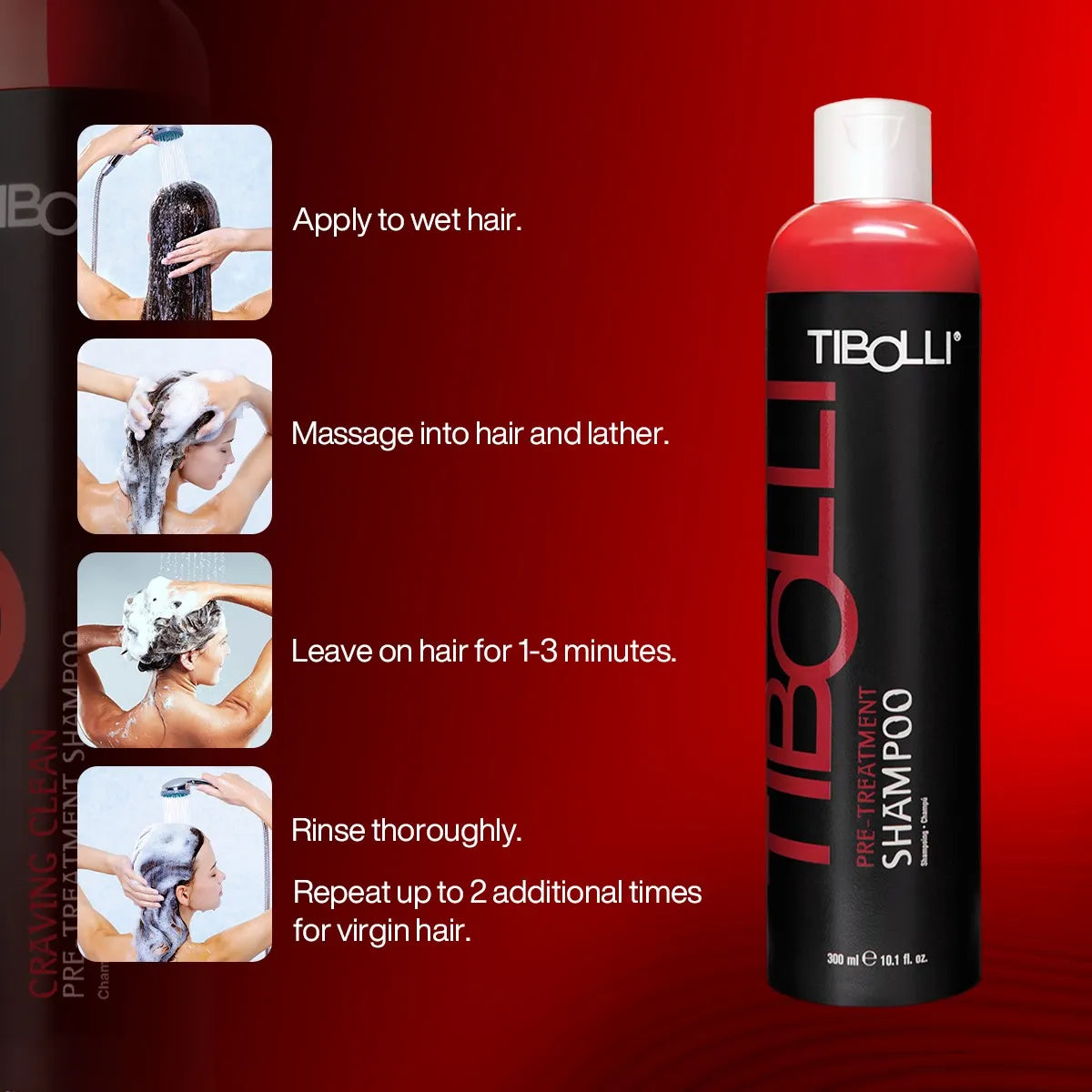 TIBOLLI Pre-Treatment Shampoo against a red background, with step-by-step instructions for application and rinsing.