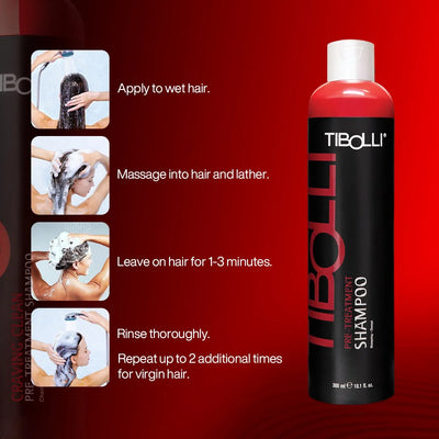 TIBOLLI Pre-Treatment Shampoo against a red background, with step-by-step instructions for application and rinsing.