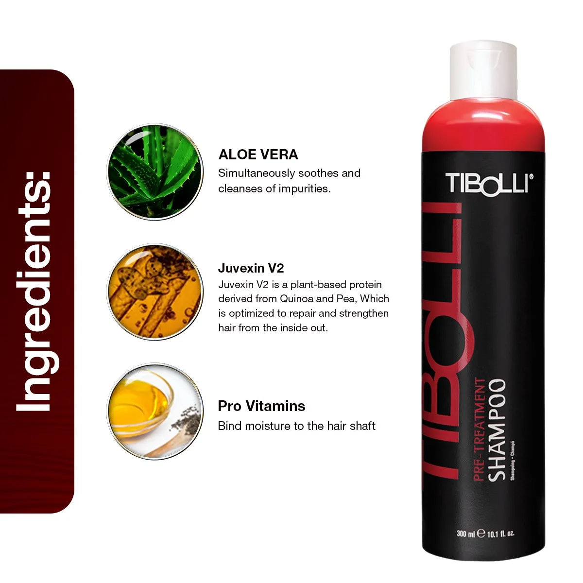 TIBOLLI Pre-Treatment Shampoo featuring ingredients: Aloe Vera, Juvexin V2, and Pro Vitamins for hair cleansing and hydration.