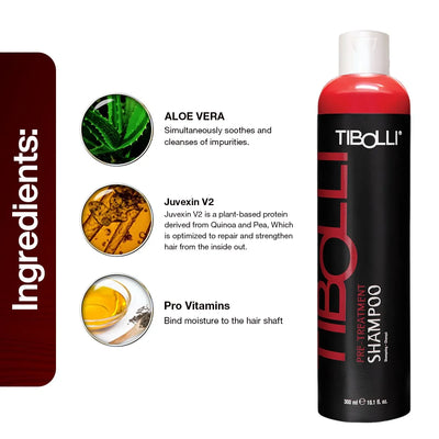 TIBOLLI Pre-Treatment Shampoo featuring ingredients: Aloe Vera, Juvexin V2, and Pro Vitamins for hair cleansing and hydration.