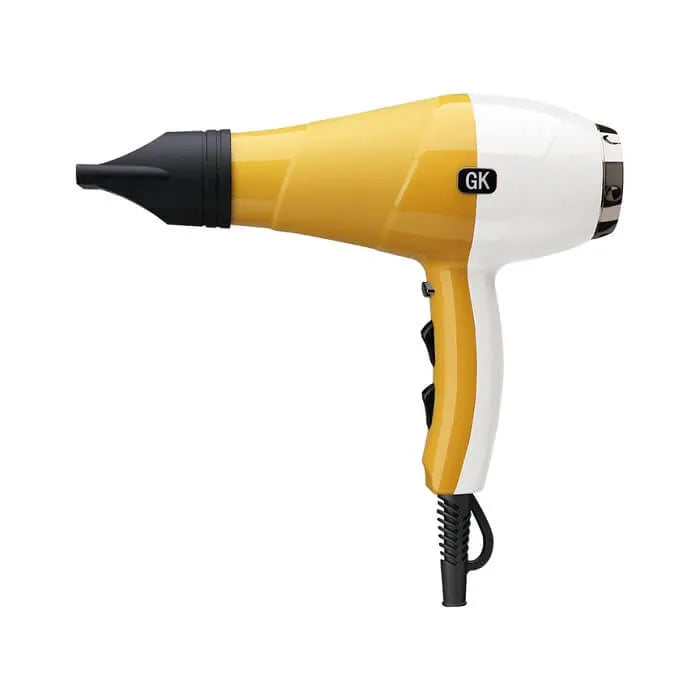 GK Hair Ion Pro Blow Dryer in yellow and white with a black concentrator nozzle, side view on a white background